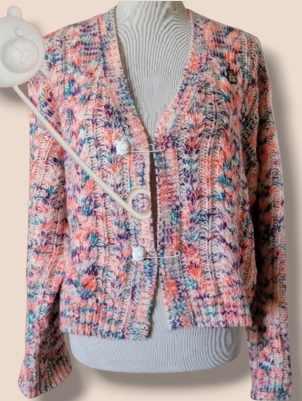 Teddy Fresh Skittles Braided Heart Slouchy Cardigan With Bear Safety Pins S/M